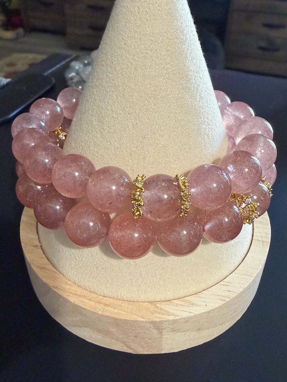 🌸 Natural Pink Strawberry Quartz Bracelets - Set of 2 with Gold Accents